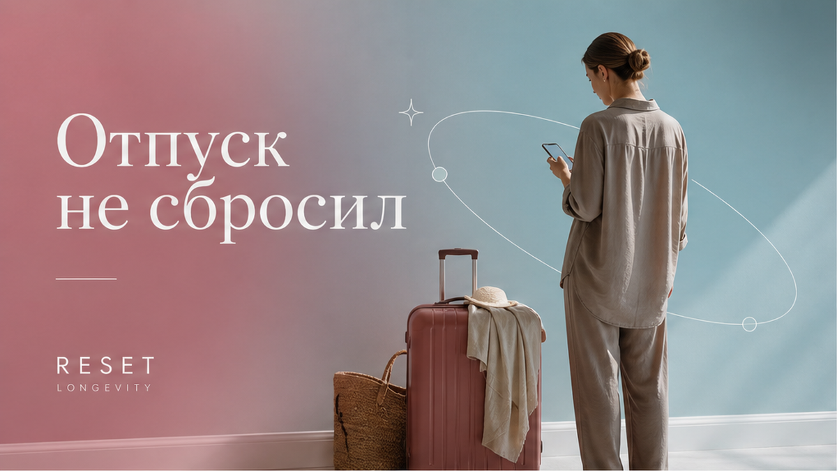 Чемодан у стены в тихой комнате, человек не выключился после отпуска, палитра dusty rose и slate teal