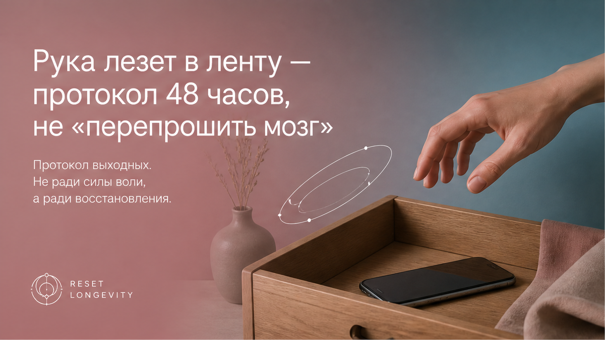 Взрослая рука тянется к телефону в ящике: протокол цифрового детокса на 48 часов, не перепрошивка мозга