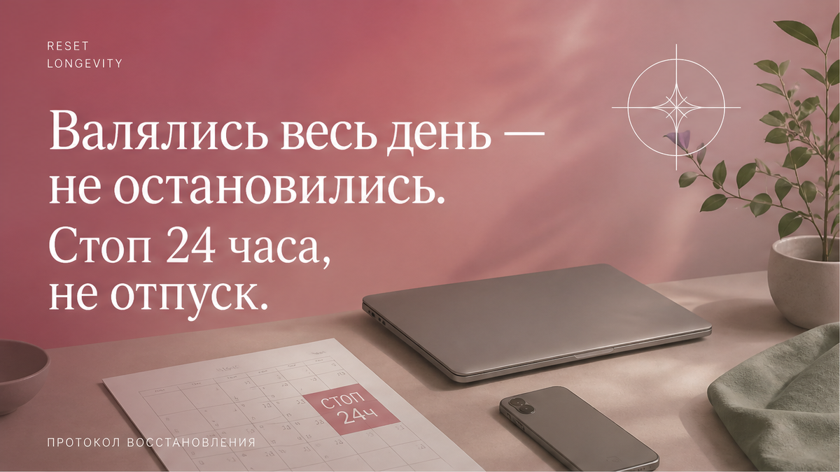 Закрытый ноутбук и календарный блок на сутки в палитре dusty rose и sage: стоп 24 часа, не выходные на диване
