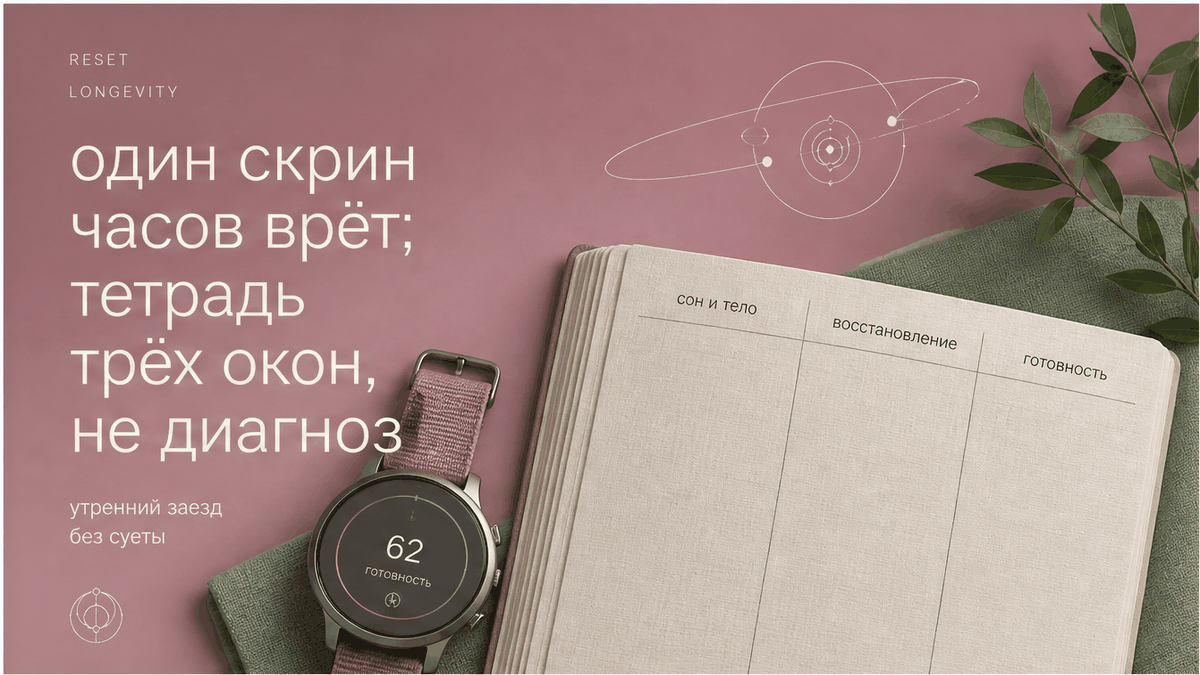 Спокойный still life: открытая тетрадь с тремя окнами записей и часы с одним скрином, палитра dusty rose и sage