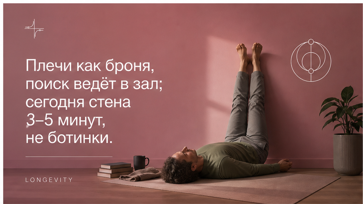 Вечер у стены: взрослый лежит на полу, ноги мягко на стене, плечи без брони. Заголовок «Стена, не ботинки».