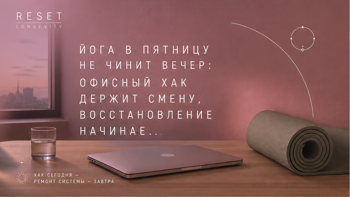 Вечерний стол: закрытый ноутбук и свёрнутый коврик для йоги, заголовок «Йога не чинит вечер»