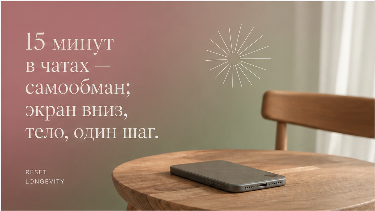 Смартфон экраном вниз на столе, мягкий градиент dusty rose и sage, тихий заголовок про паузу без чатов