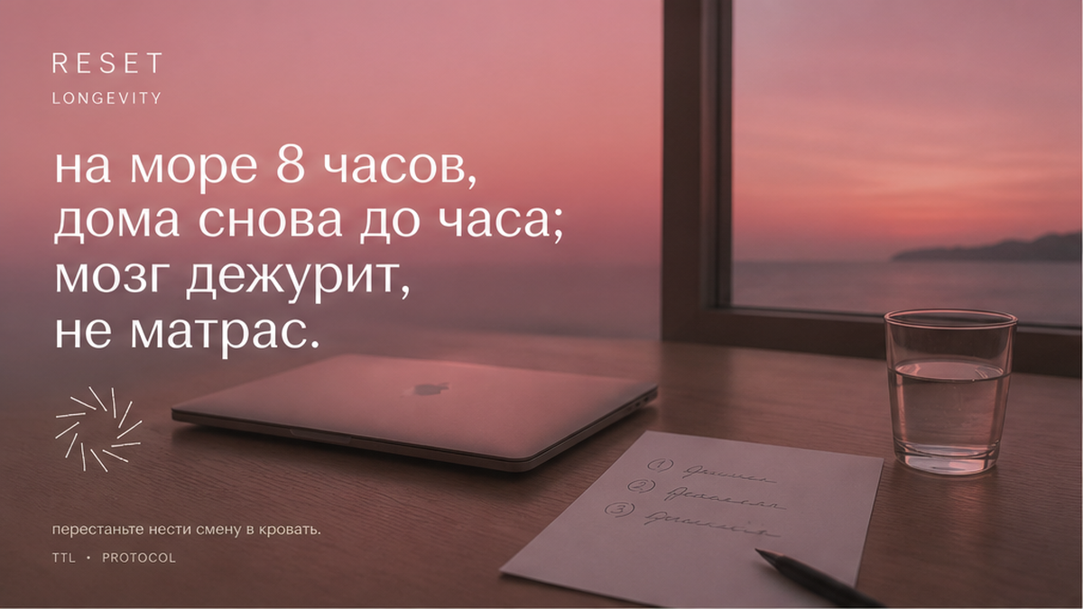 Тихая вечерняя сцена: закрытый ноутбук, лист с тремя петлями и мягкий свет; мозг дежурит дома, не матрас