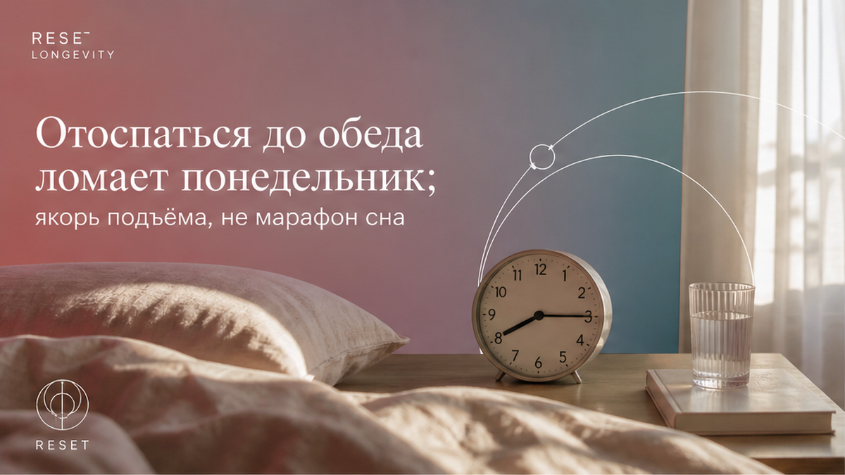 Спокойная утренняя комната: застеленная постель, часы около 8:15, свет из окна; заголовок про якорь подъёма вместо сна до обеда