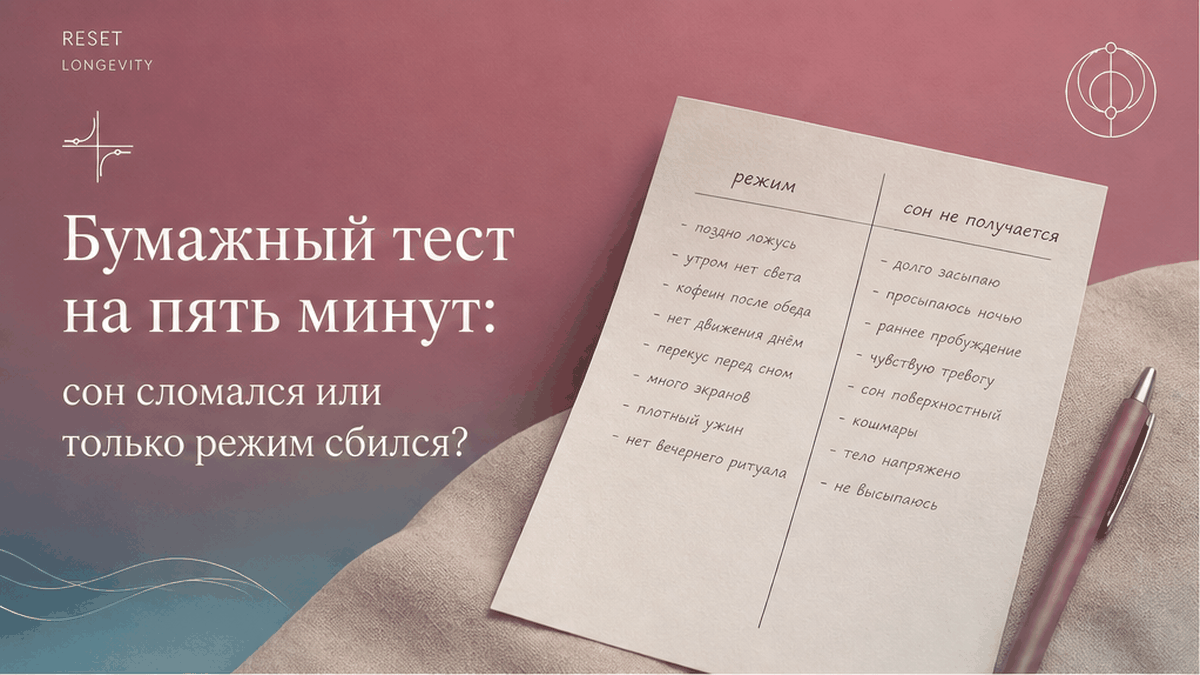 Still life: лист бумаги с двумя колонками «режим» и «сон», ручка, мягкий градиент dusty rose и slate teal