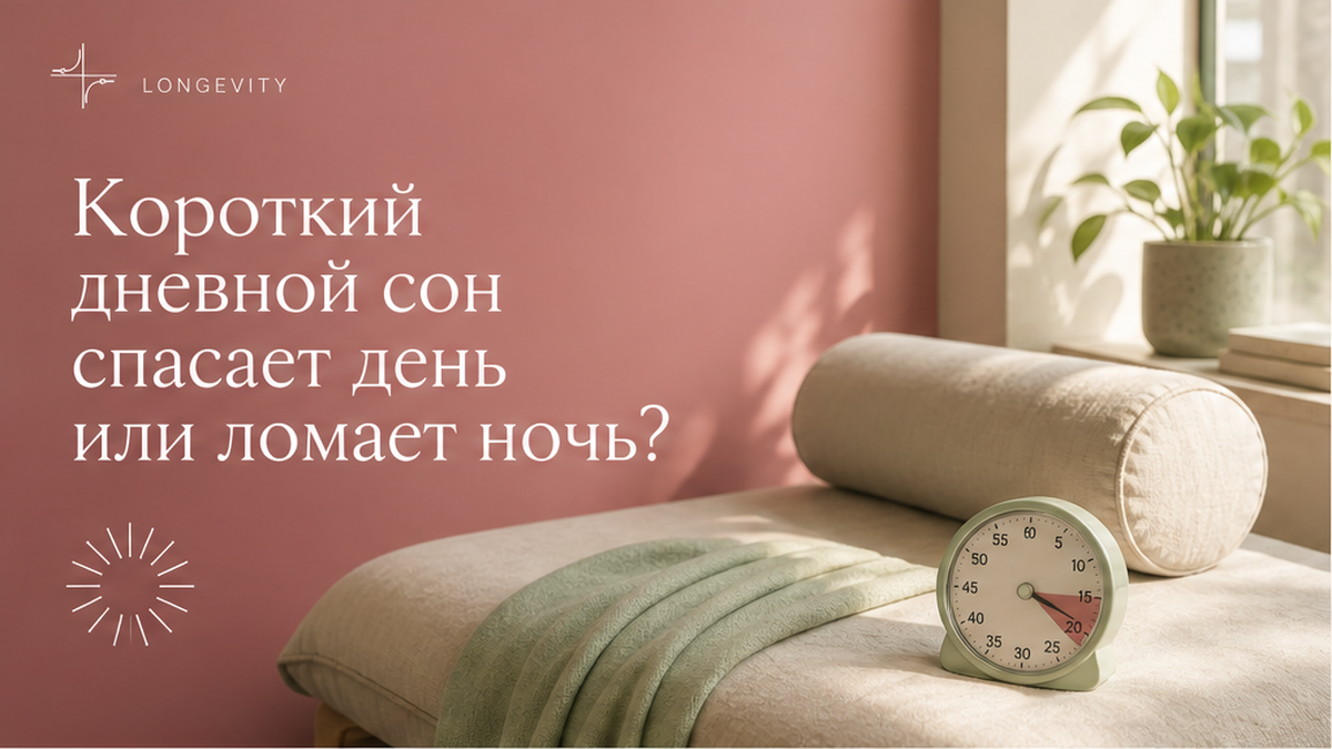 Still life дневного сна: кушетка, таймер 20 минут и дневной свет в палитре LONGEVITY, без лица