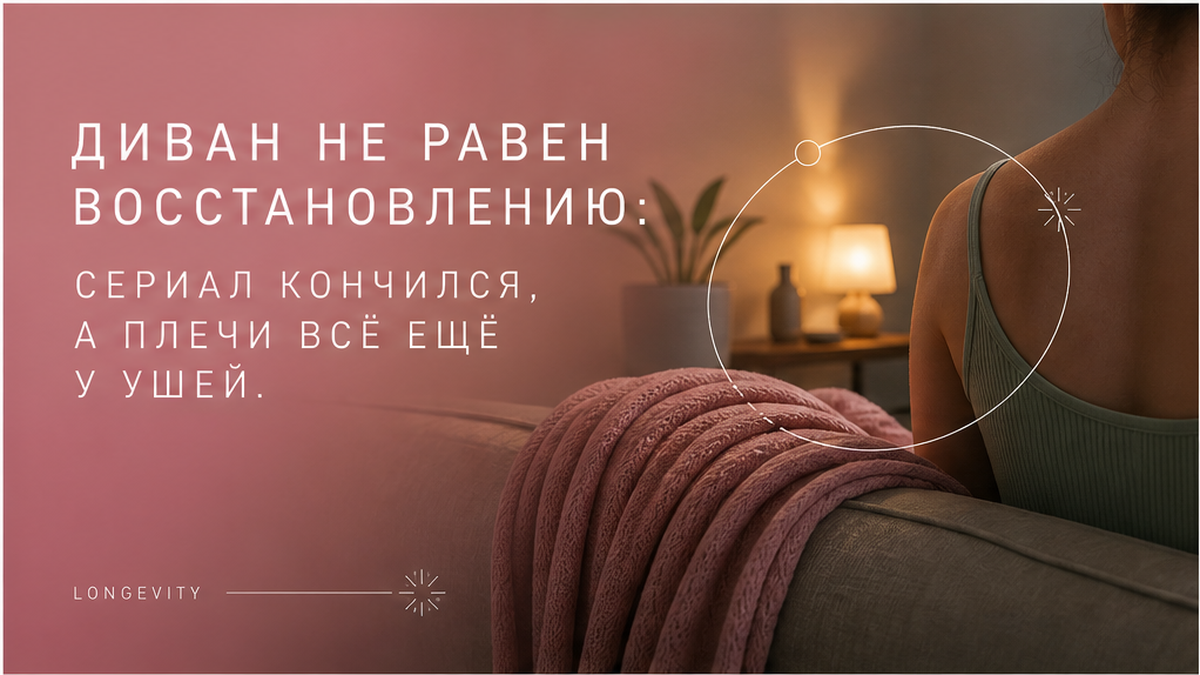 Тёплый still life: плед на диване и намёк на опущенные плечи без лица, заголовок «Диван не восстановление»