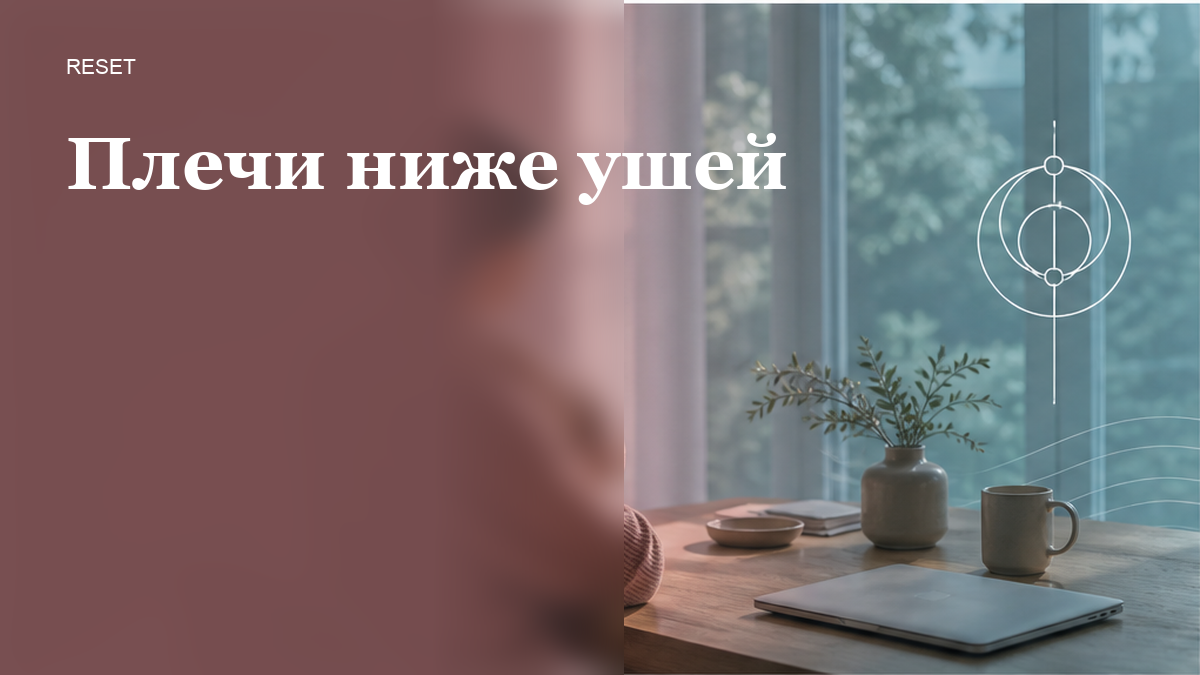 Взрослый у окна у рабочего стола держит напряжённое плечо; без кабинета ЛФК