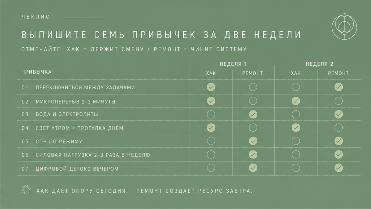 Чеклист семи привычек за две недели с пометками хак или ремонт