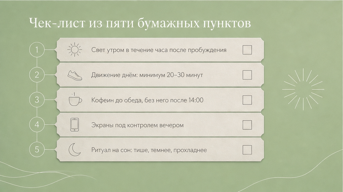 Пять бумажных пунктов чек-листа сна или режима