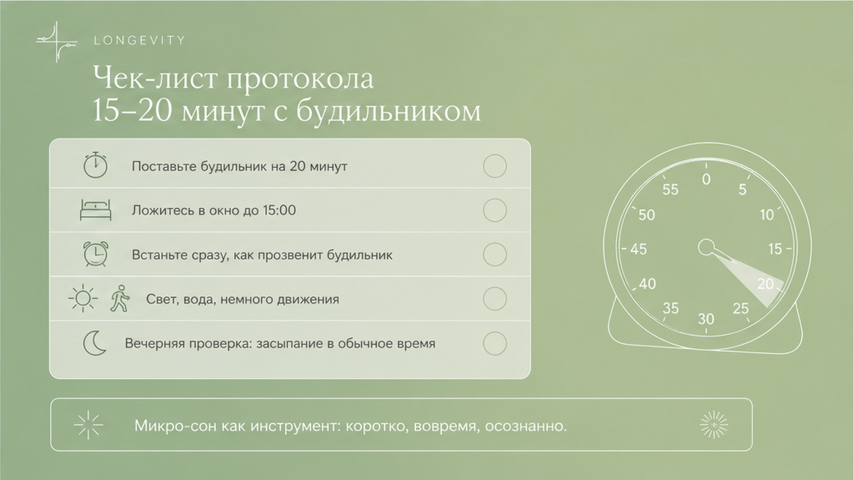 Чек-лист протокола дневного сна 15–20 минут с будильником и вечерней проверкой
