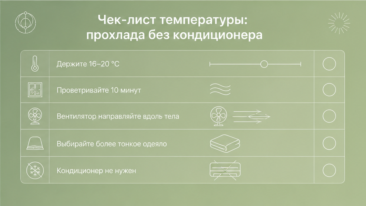 Чек-лист прохлады 16–20 °C без кондиционера в съёме